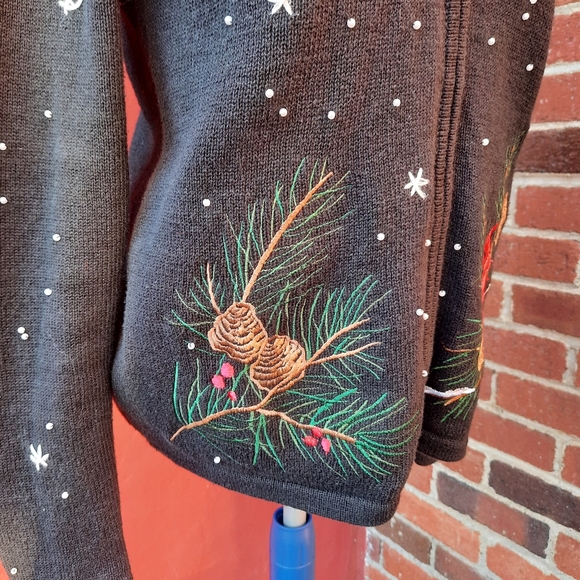 Vintage 90's Christmas Sweater Cardinals Bird Faux Fur Collar Cardigan Small - Picture 10 of 12